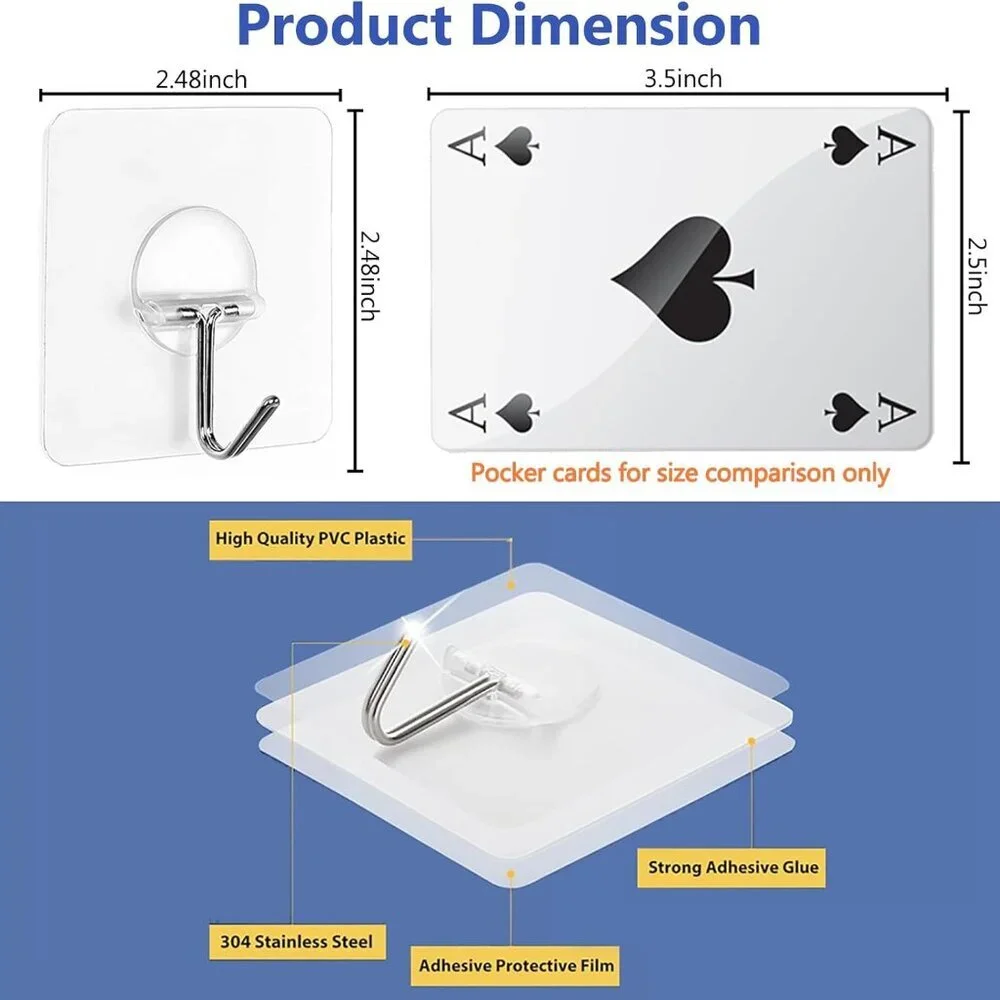 Classic Polished Adhesive Hooks - 8 Heavy Duty Transparent Wall Mounts for Home